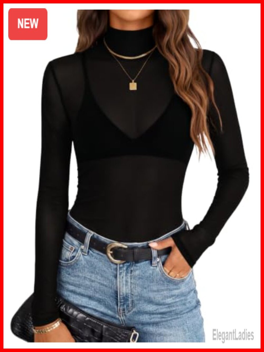 Women's Mesh Sheer Turtleneck Long Sleeve Going Out Top